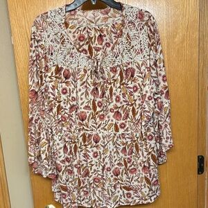 5 for $25 Floral Lace Trim Blouse - Pink and Cream